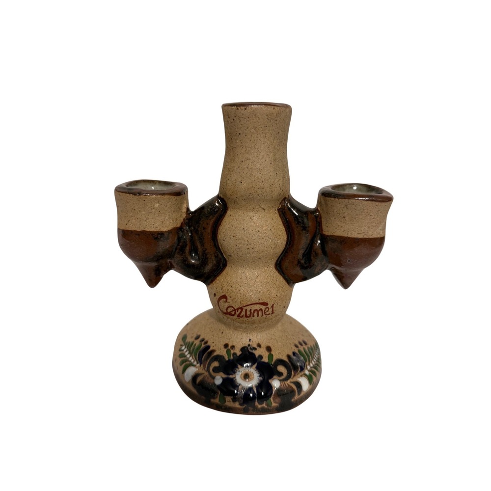 Vintage Cozumel Mexico Hand‎ Painted Pottery Candelabra Triple Candle Holder